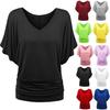 Plus Size Women Fashion Solid T Shirt Loose V Neck Batwing Sleeve Fold Hem