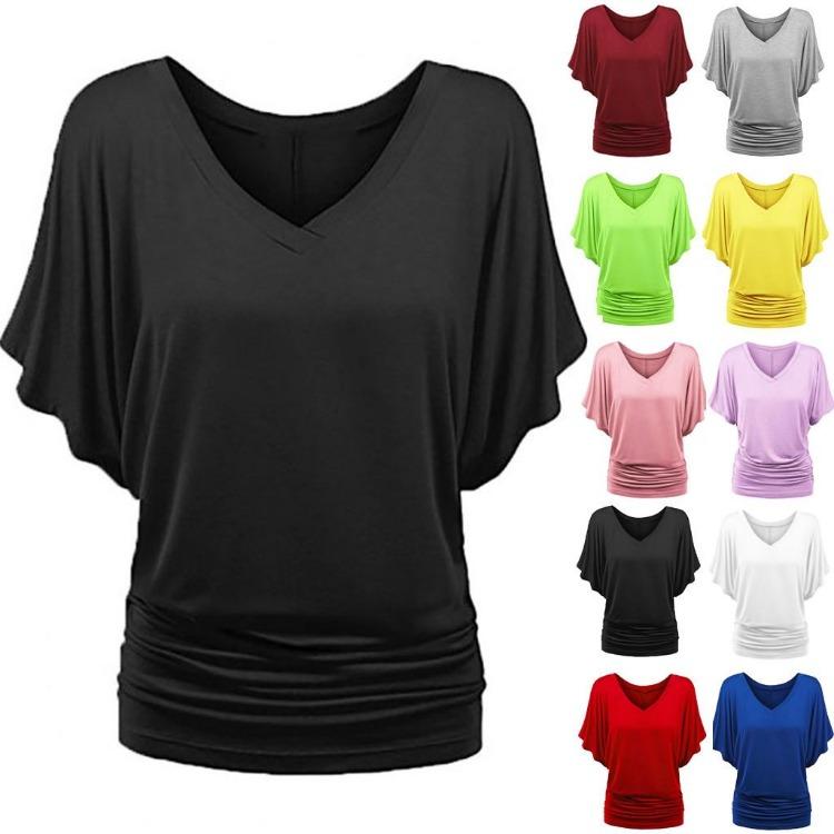 Plus Size Women Fashion Solid T Shirt Loose V Neck Batwing Sleeve Fold Hem