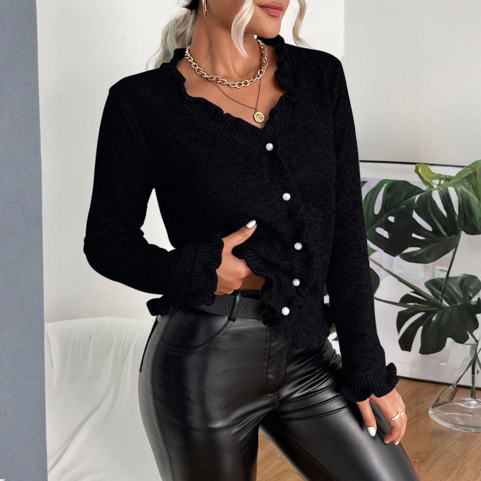 Women s Fashion Loose Comfortable  Edge Ribbed Knit Cardigan Sweater L