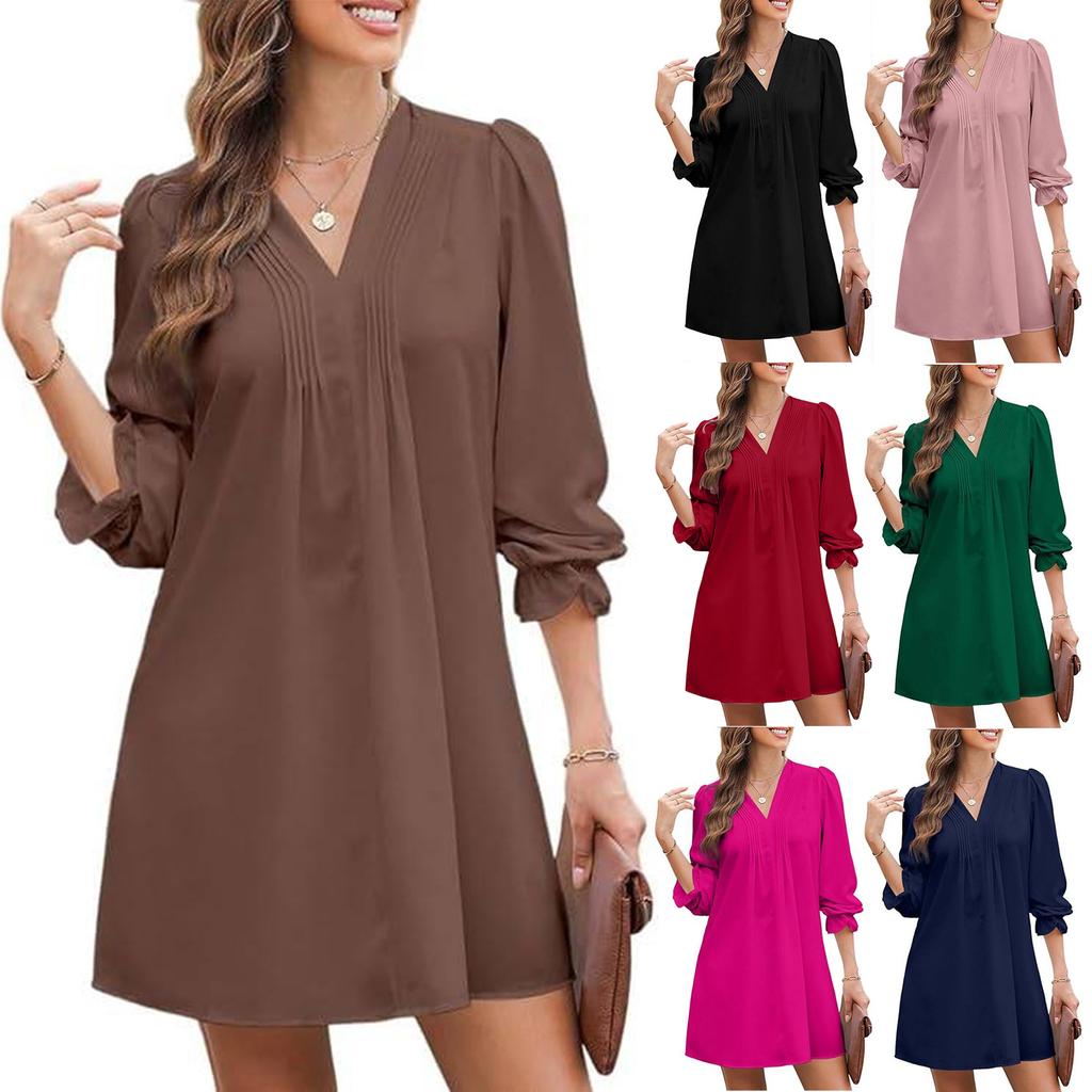 Camisa-Vestido Casual de Moda para Mujer con Volantes de Manga Larga y Cuello en V Plisada Fluida Suelta - -color