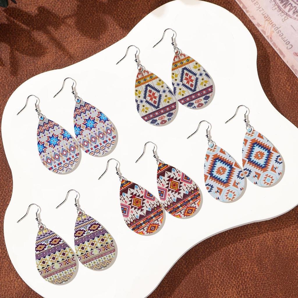 Western Ethnic Totem Pattern Striped Leather Teardrop Women's Earrings