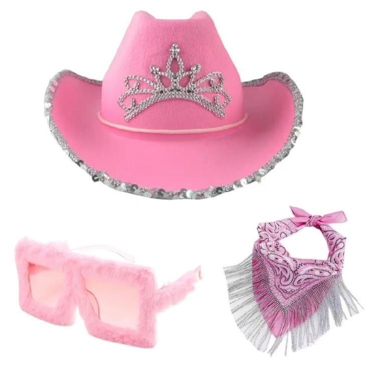 Blingbling Cowgirl Hat Scarf Sequined Brim Hat Scarf and Sunglasses Set
