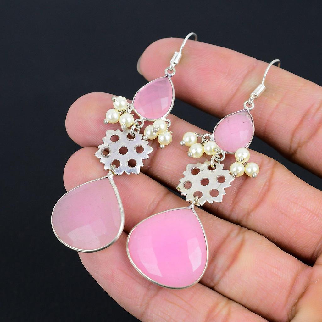 Sisters Day Sale Pink Chalcedony Stone 925 Sterling Silver Drop Earrings Jewelry