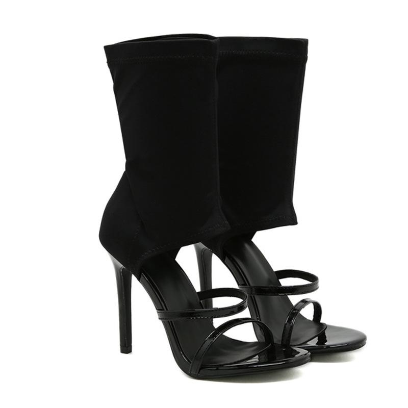 Fashion New Open Toed High-heeled Sandals with Women's Soft Leather Temperament, Fashionable and Beautiful Elastic Socks and Boots