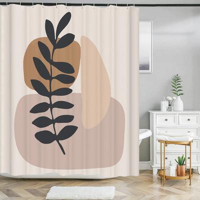 Cortina de Chuveiro Estilo Nórdico Arte Abstrata Estampa de Folhas Poliéster Impermeável Cortina de Banho Cortinas Color Block Para Decoração de Banheiro