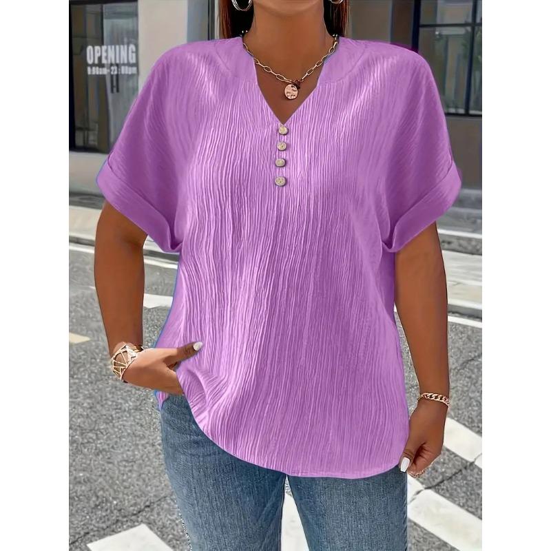 V Neck Casual Simple Summer Blouse Large Size Short Sleeve Fashion Elegant Buttons Shirts Ladies Solid Color Office Tops Elegant Sweet Clothing