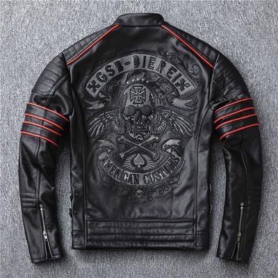 Men Jacket Black Embroidery Skull Motorcycle Leather Jackets 100 %Natural Cowhide Moto Coat Slim Fit Biker Leather Winter Coats