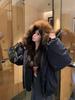 Women's Winter Cotton Jacket with Large Raccoon Fur Collar and Horn Buttons