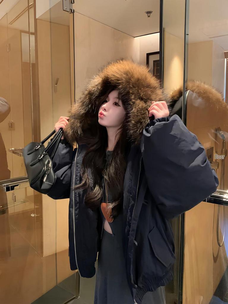 Women's Winter Cotton Jacket with Large Raccoon Fur Collar and Horn Buttons