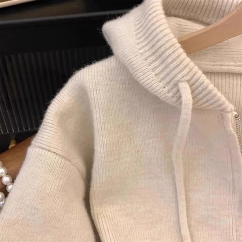 Spring Autumn Women Hooded Sweater Cardigan Tops Female Loose Zipper Knitwear Coat Lady Long Sleeved Outwear