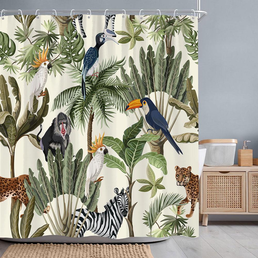 Tropical Botanical Flower Shower Curtain Beige Green Palm Leaf Flower Scandinavian Decor Bathroom Polyester Shower Curtains Set