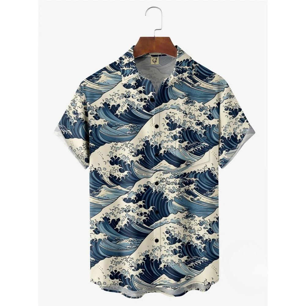 

New Hawaiian Shirts for Mens Short Sleeve Tops Japanese Style 3D Print Ukiyoe Wave Graphic Clothes Summer Streetwear Male Shirts S