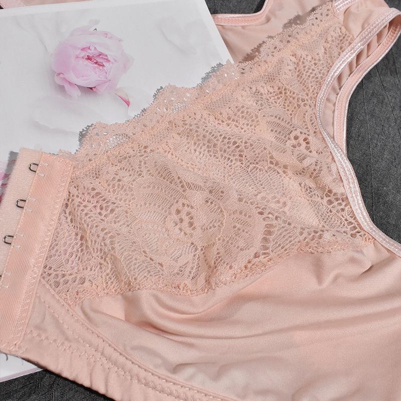 2024 Cross-border Plus Size Lace Bra: Wire-free, Breathable, Front Buckle, Comfortable Strappy Underwear for Breast Enhancement