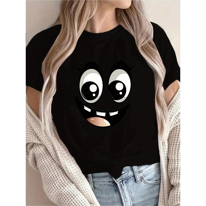 

European Size [New Recommendation] Joyful Pattern Printed T-shirt, Women s Casual, Vacation, Short-sleeved Round Neck, Spring and Summer 4XL