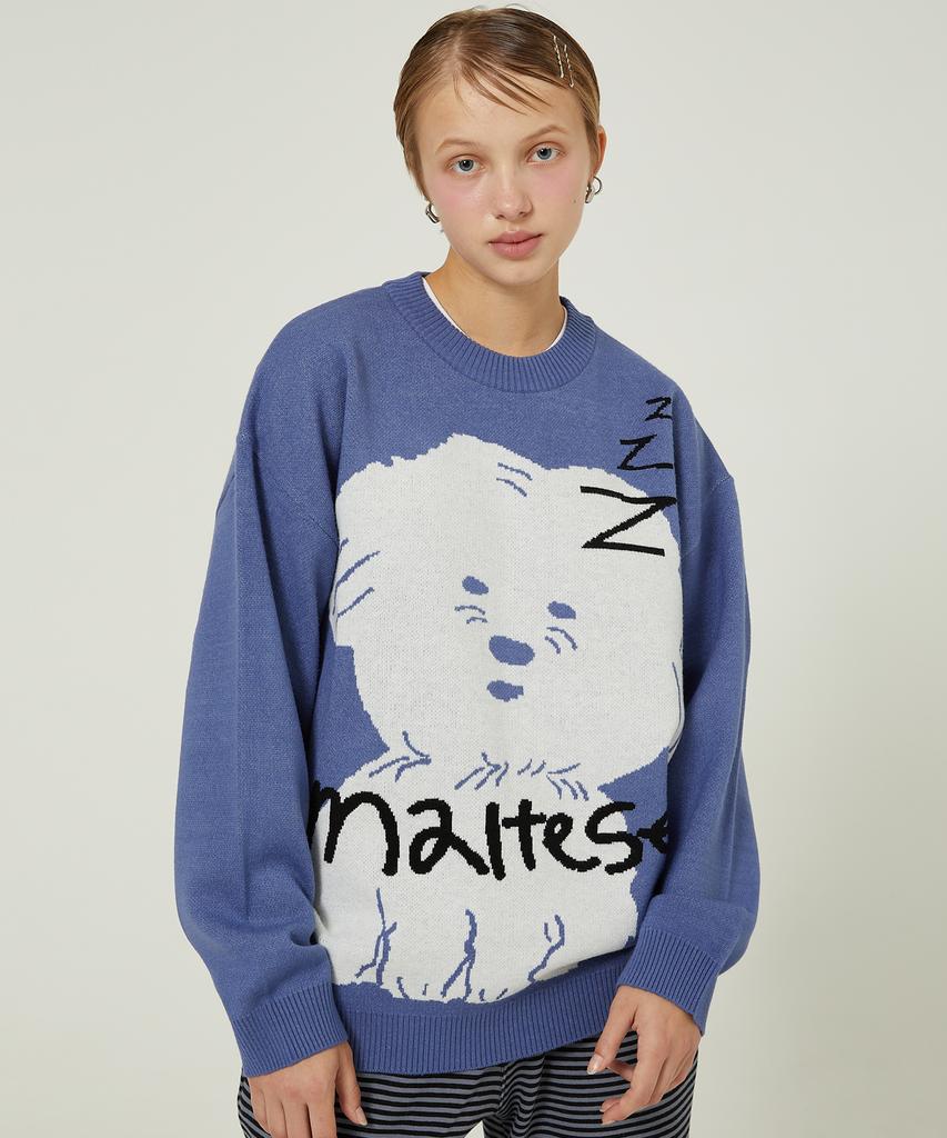 WAIKEI Sleeping Maltese Graphic Knit Blue