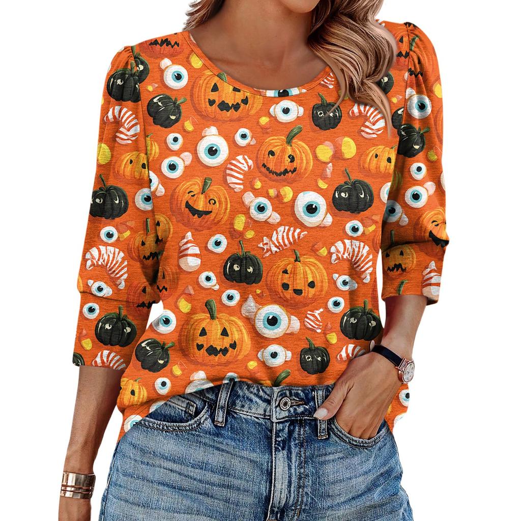 Damen Modisches Lässiges Rundhals Siebenviertelärmel Halloween Bedrucktes Puffärmel Oberteil