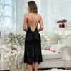 Sexy satin neck nightdress chest bow high split lace perspective back medium and long dress 811