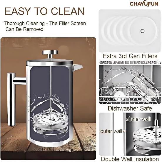 Premium Stainless Steel French Press Coffee Maker (5 Pack Filter)- 34oz/1L Thermal Insulated, 304 Rust-Proof Metal Press - Heat-Resistant Ergonomic