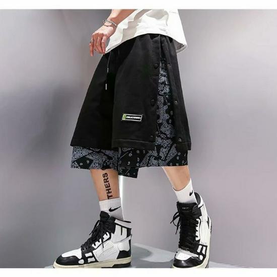Men s Summer Loose-Fit Fashion Patchwork Button-Up Shorts M чёрный