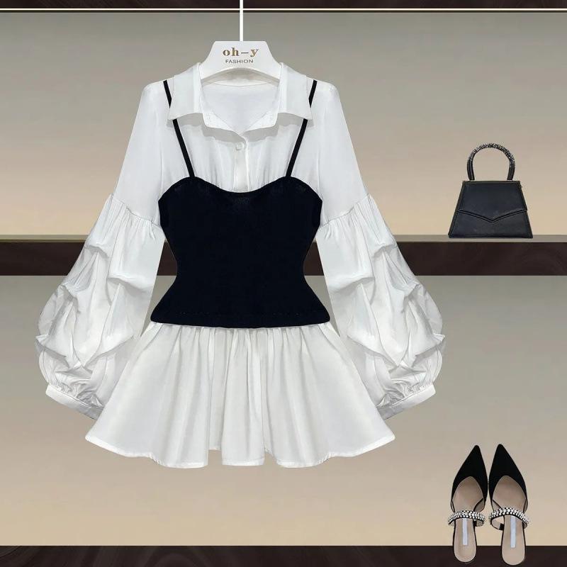 Lässiges und elegantes Taillen-Schlankheits-Laternenärmel-Spleiß-Fake-Zweiteiler-Hemd-Top mit Revers, passendes Patchwork-Hemd, Fake-Bluse