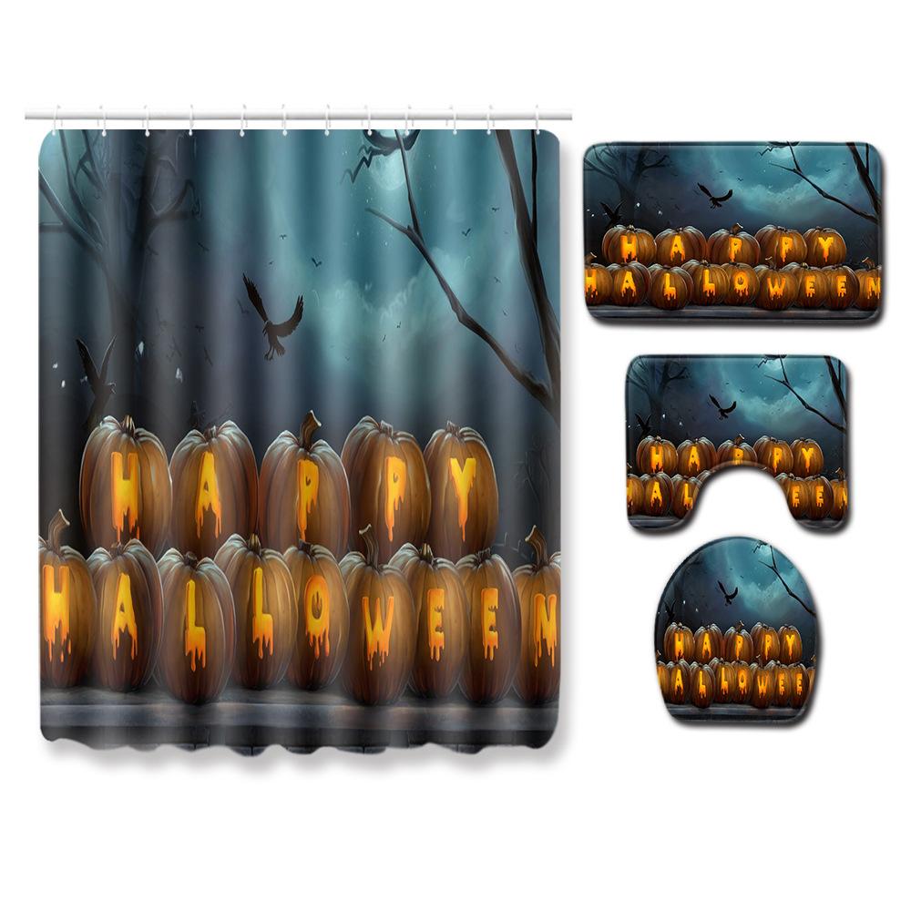Halloween Shower Curtain Floor Mat Three-Piece Combination Set, Living Room Sand Absorbent Carpet, Bedroom Non-Slip Door Mat