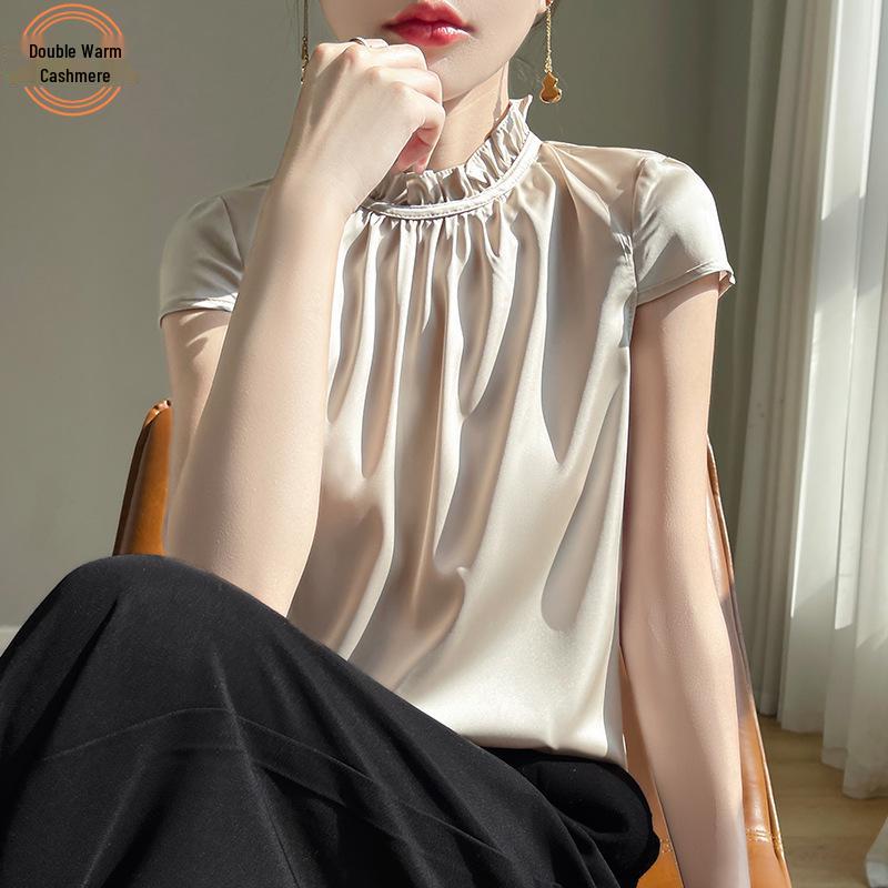

Women s Faux Silk Mock Neck Short Sleeve Satin Tank Top L шампанского
