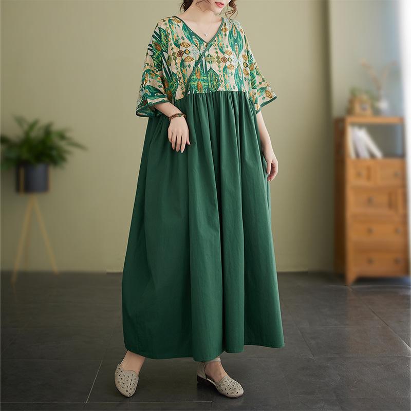 Dámské šaty velké velikosti Bohémské dlouhé léto s krátkým rukávem a kulatým výstřihem potištěné šaty