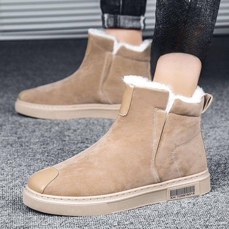 Men's Winter Leisure Outdoor Leather Fur Lined Patchwork Fleece Lined Thickened Snow Boots Warm Cold Resistant Cotton Shoes
