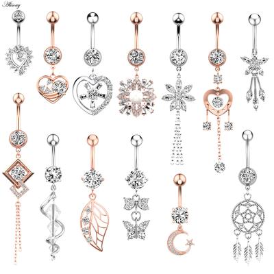 Alisouy 1pc acier chirurgical cristal Zircon fleur coeur feuille nœud papillon bouton balancent nombril Piercing anneau ventre anneau bijoux de corps