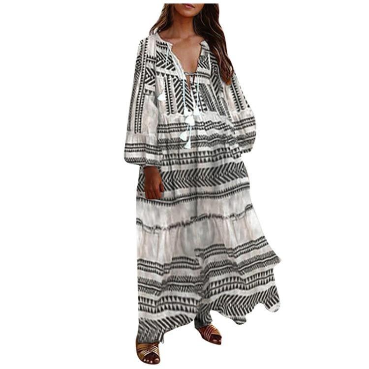 Fashion Casual Bohemian Long Sleeve V Neck Dress Women Long Dresses