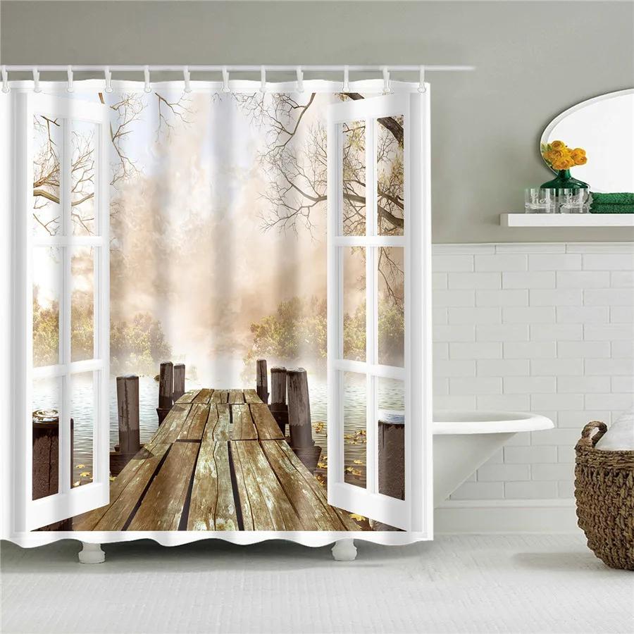 Nature Forest Landscape Shower Curtains Bathroom Curtain Frabic Waterproof Polyester Scenery Bath Curtain with Hooks