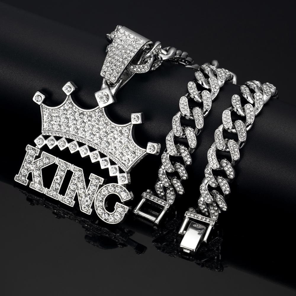 Men Hip Hop Crown with King Pendant Necklace with 13mm Crystal Cuban Chain HipHop Iced Out Bling Necklaces Fashion Charm Jewelry