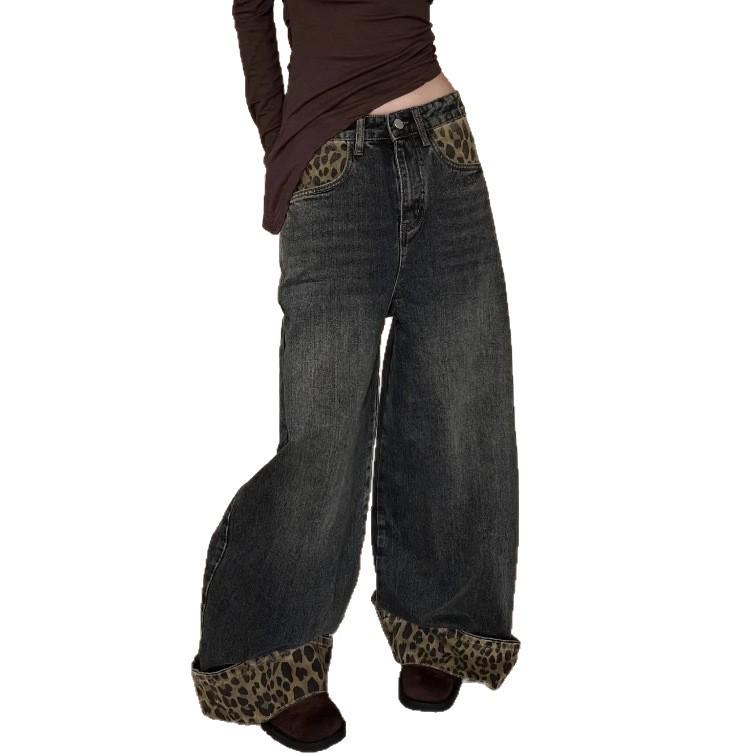 Y2K Leopard Print Patchwork Wide-Leg Jeans for Women - Trendy and Versatile