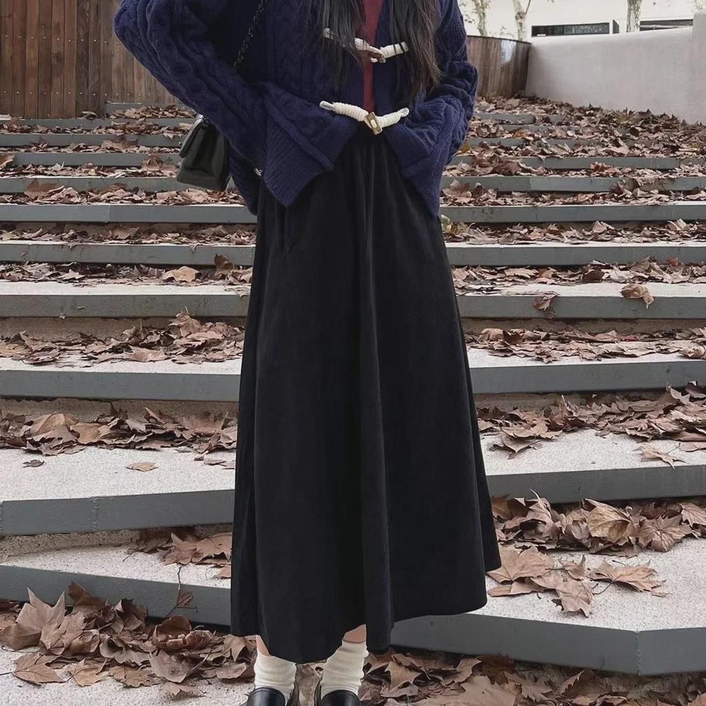 Damen Retro Slim Cord A-Linien Midi-Rock, Elastischer Bund, Überknie, Großer Schwung, Frühlings-/Herbststil