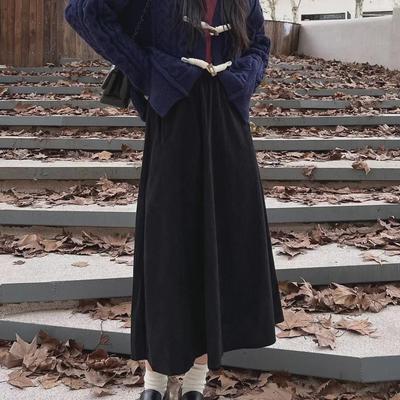 Women's Retro Slim Corduroy A-Line Midi Skirt, Elastic Waist, Over-the-Knee, Large Swing, Spring/Autumn Style