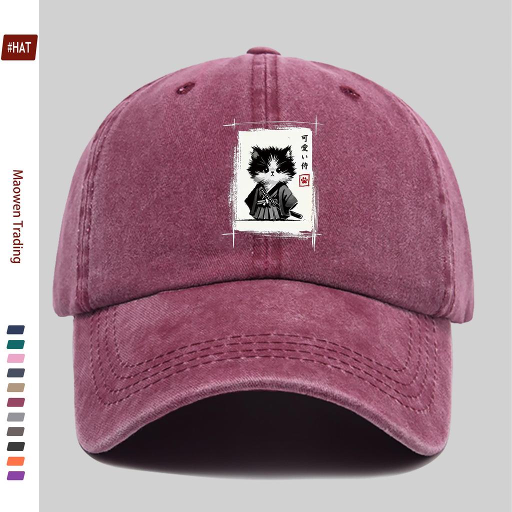 Pc Samurai Cat Japanese Art Ink Wash Painting Novelty Cute Funny Cat Print Baseball Cap with Adorable Cat Pattern Design Sun Ha