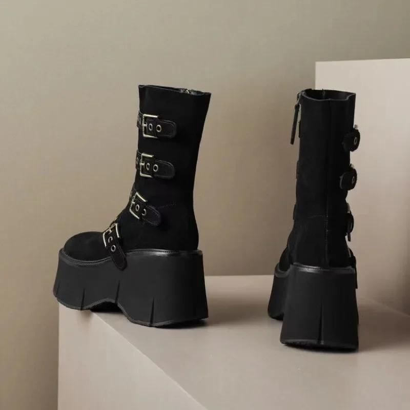 Fashion 2025 New Women's Boots Autumn New Super High Heel 9cm Wedges Thick Soled Boots Zipper Belt Buckle Anti Slip Outdoor Short Boots