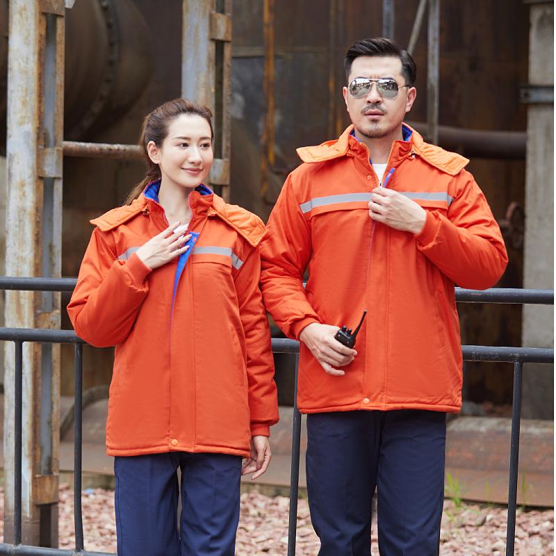 Autumn/Winter Reflective Hooded Cotton Work Jacket - Windproof, Cold-Resistant, for Auto Repair and Cold Storage.