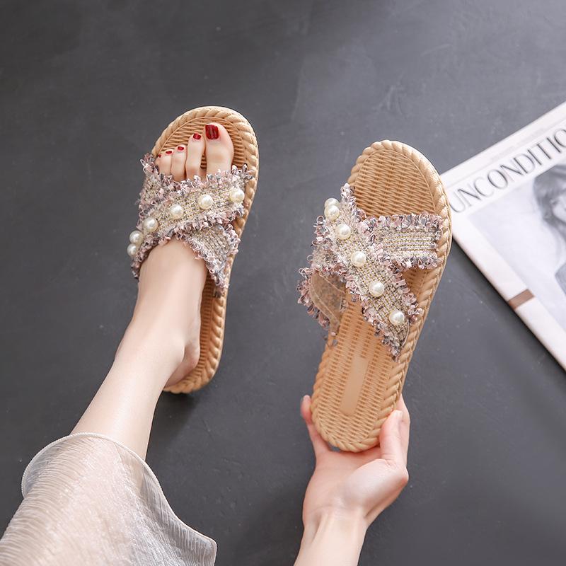 Summer Fashion Pearl Flat Bottom Straight Drag Beach Anti-skid Cool Slippers