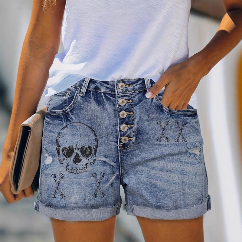Women S Denim Front Button Printed Rolled Hem Elastic Blue Shorts S