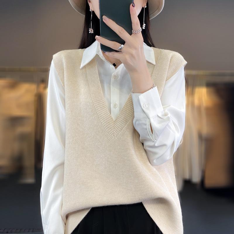 Vestă tricotată stivuită pentru femei Vestă tricotată lejeră Pulover fără mâneci Tank Top Camry Umăr Jachetă tricotată cu decolteu în V Toamnă/Iarnă