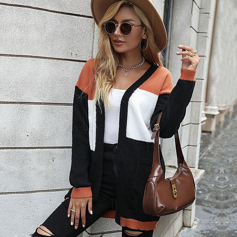 Fashion Casual Tops Shirts Clothing Vintage Fashion Elegant Casual Autumn and Winter Women's Long-sleeved Colorblocking Sweater Cardigan Long Section
