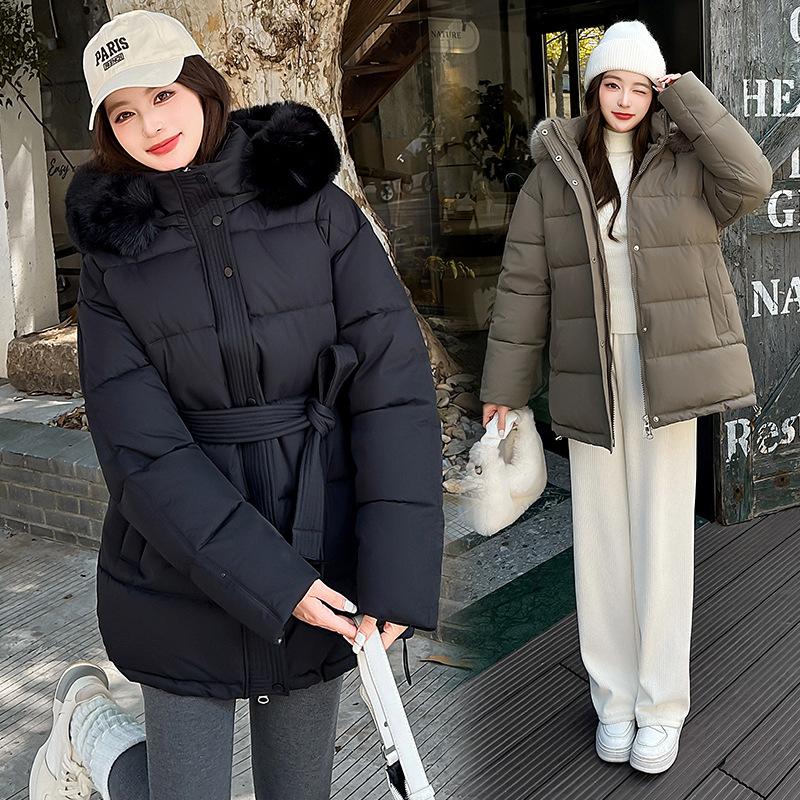 Women’s Short Big Fur Collar Hooded Windproof Thicken Warm Winter Jacket With Belt