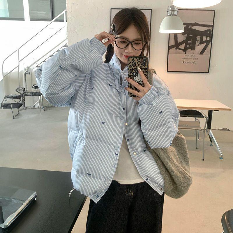 Wind Striped Bow Cotton Jacket Winter Design Sense All-match Thick Warm Jacket Blue Tide