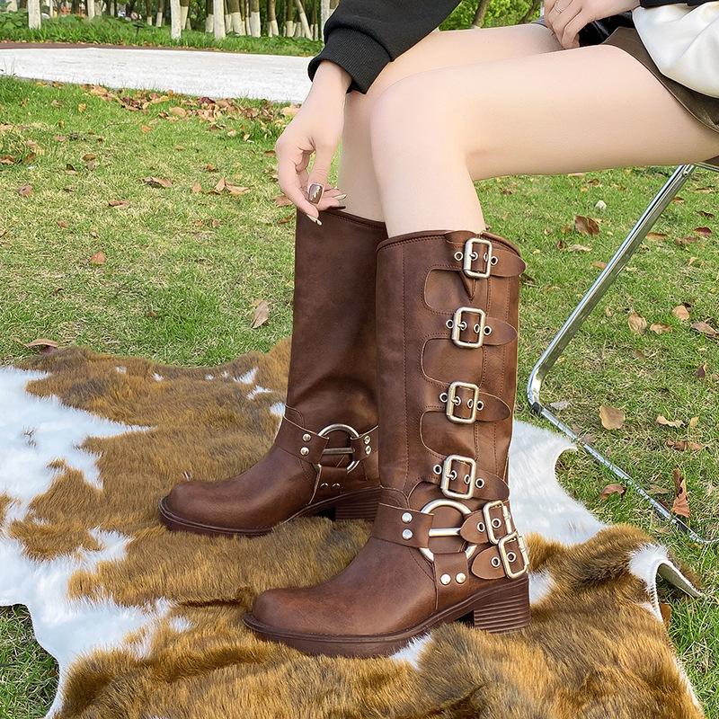 Belt buckle thick heel brown martin boots women's autumn retro knee boots western boots knight fashion boots