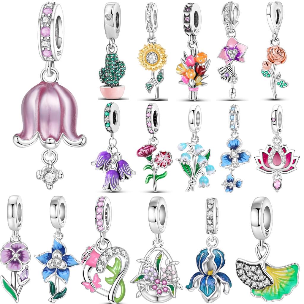 Orstarry 925 Silver Pink Orchid Wind Chime Pendant Beads Original Pendants Bracelet Charm Jewelry Party DIY Gifts