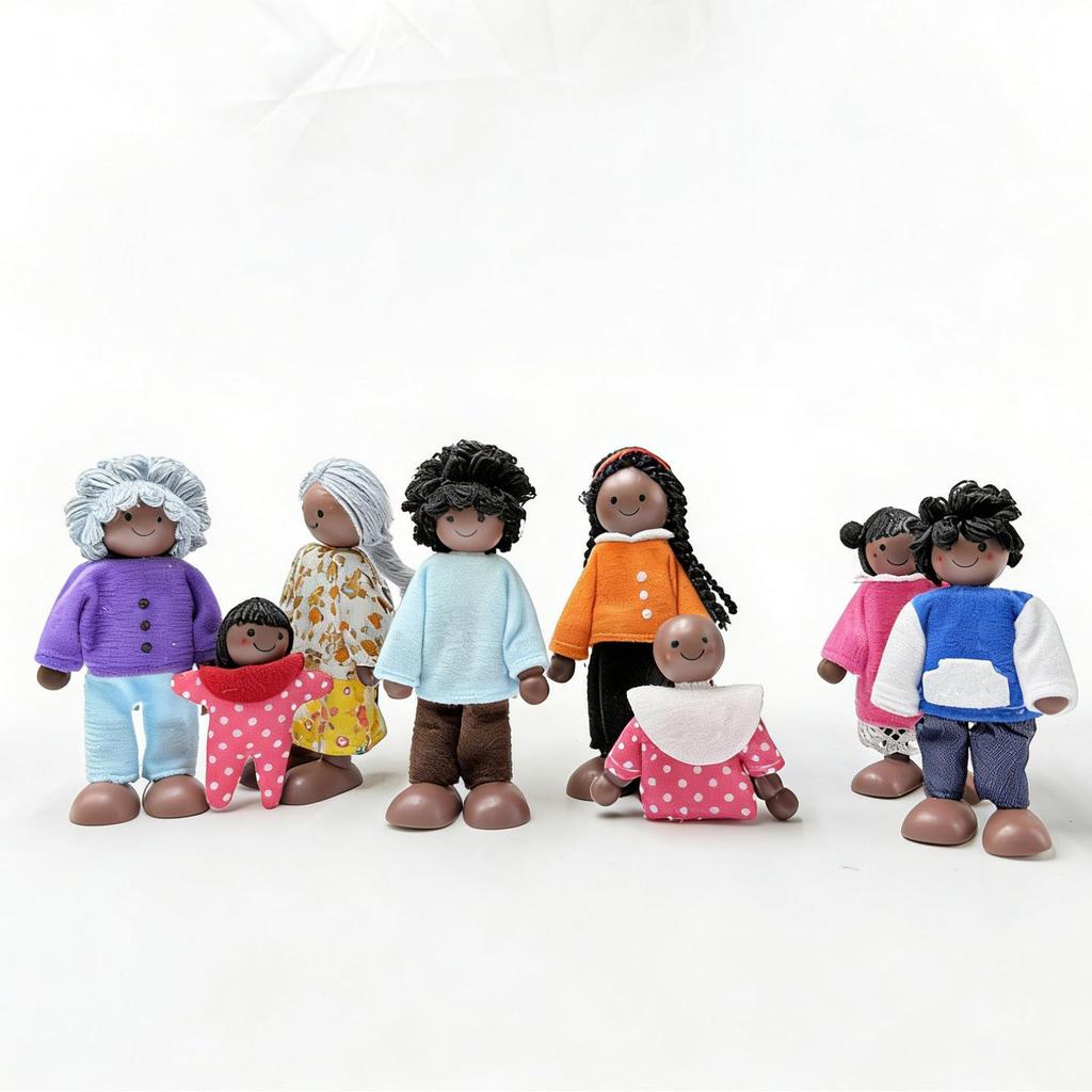 Realistic African American Family of 8: Movable Joint Wooden Dolls for Children's Pretend Play