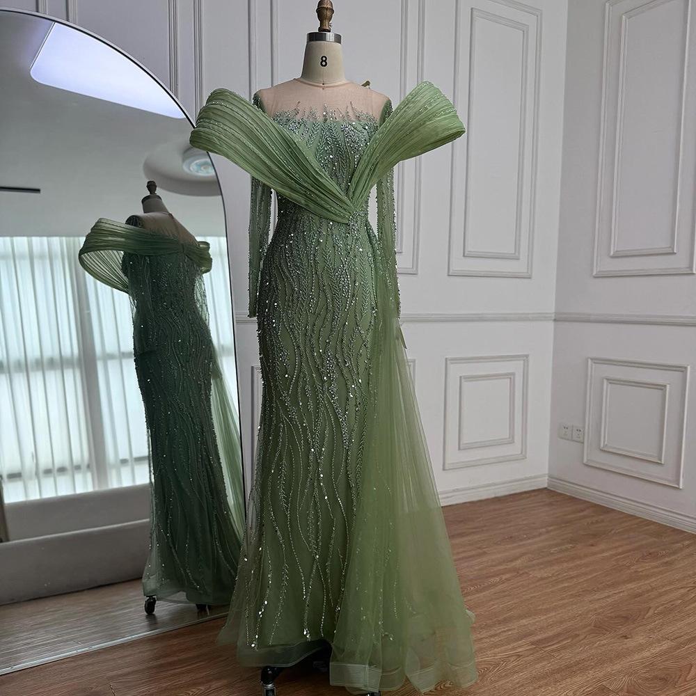 Serene Hill Sage Green Long Sleeve Fish Tail, Slim Temperament Banquet Host Evening Dress LA11918