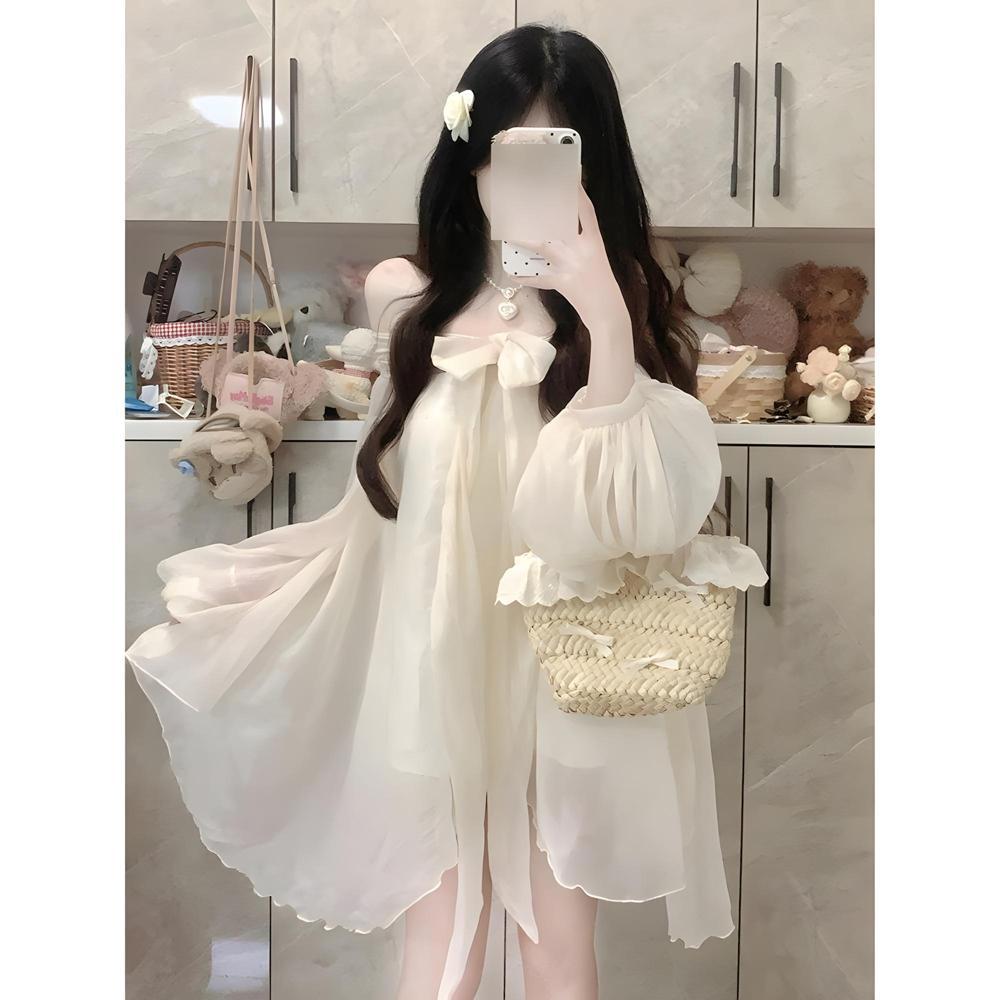 Sweet Bow Chiffon Wrinkled Backless Shoulder Bow Yarn Long Sleeve Top Women's Knee