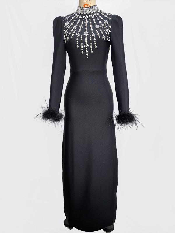 2025 Black High Neck Hot Drill Feather Bodycon Bandage Dress with Long Sleeves.